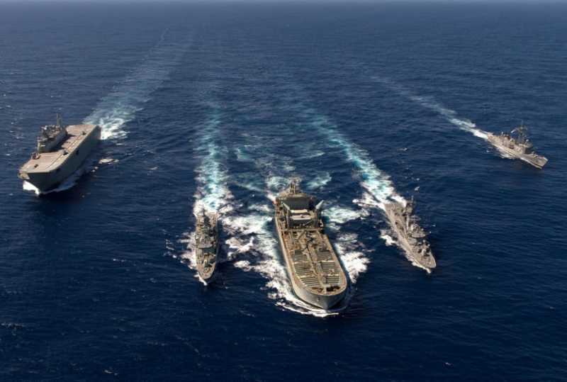 HMA Ships Canberra, Anzac, Sirius, Parramatta and Melbourne operate together off the Australian East Coast during Exercise OCEAN RAIDER